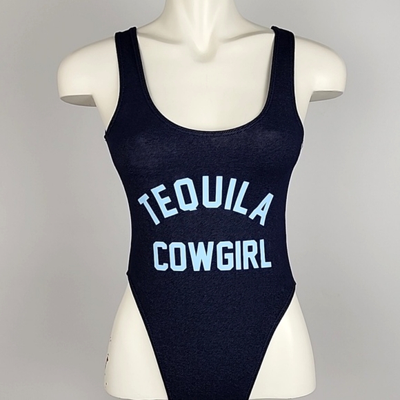 One Piece Women's Swimsuit Dark Denim Tequila Cowgirl Blue Print Size S/M - Picture 3 of 14